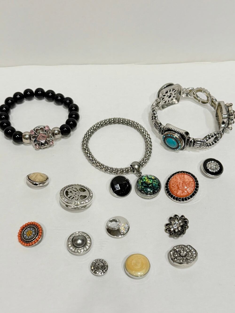 3 Vintage Bracelet Lot With Interchangeable Snap Buttons Charms Rhinestone